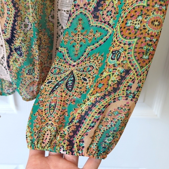 Meadow Rue Anthropologie Giada Crochet Lace & Bohemian Printed Peasant Blouse M - Picture 8 of 11